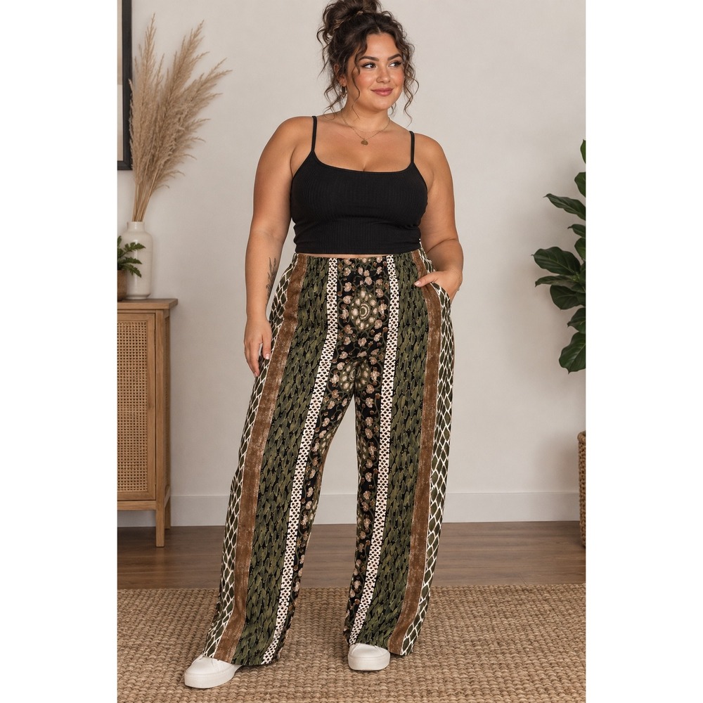 Vintage Mixed Print Wide Leg Pants Olive Green Boho Rayon Large